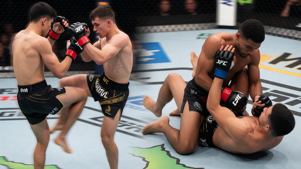Split view of MMA striking and ground grappling techniques