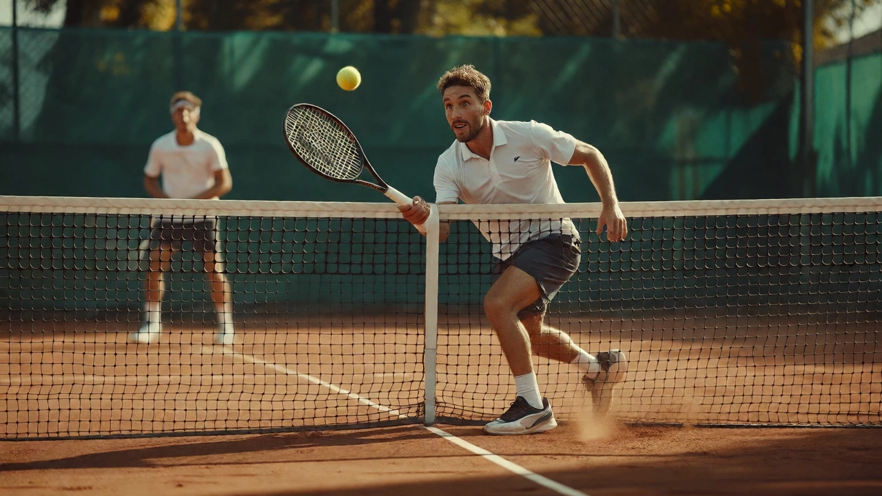 Tennis player approaching the net strategically to finish a point