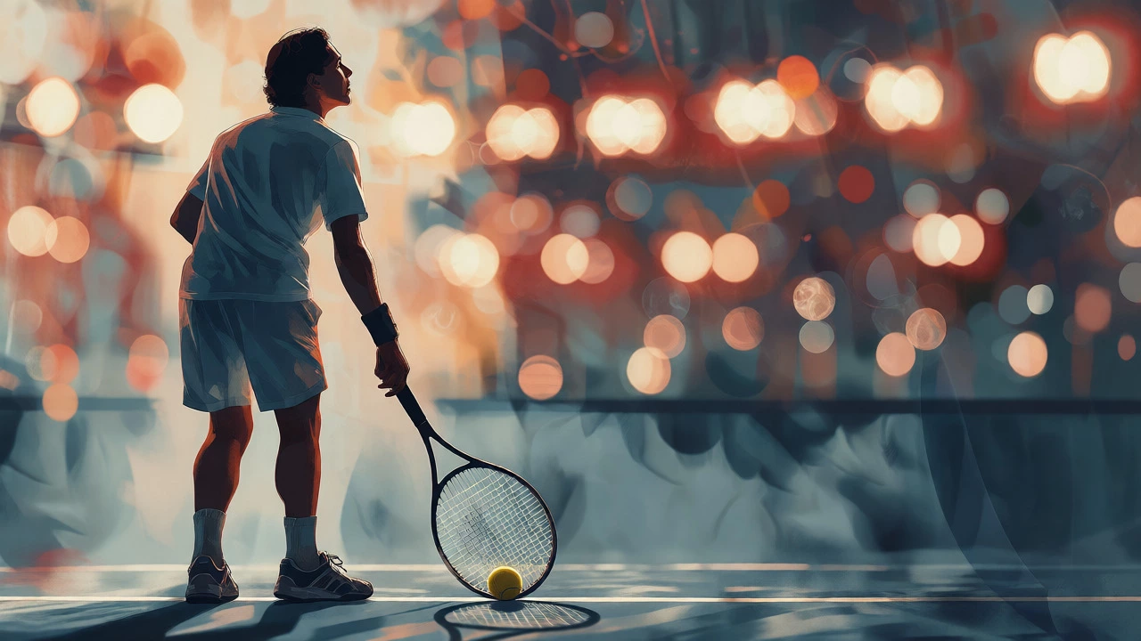 Tennis player maintaining mental focus and composure before serving