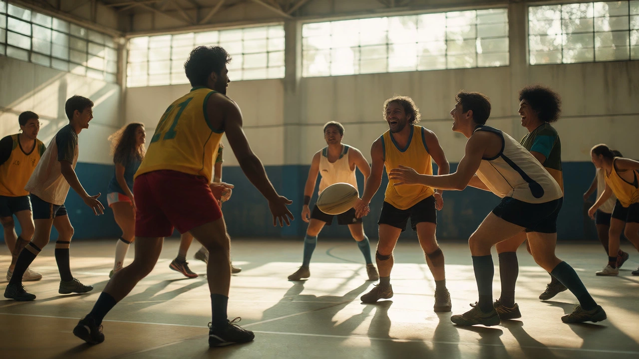 University students playing touch rugby in a sunlit gym in Rio de Janeiro