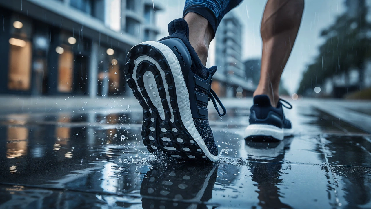 Adidas Ultraboost outsole gripping wet pavement during a rainy run
