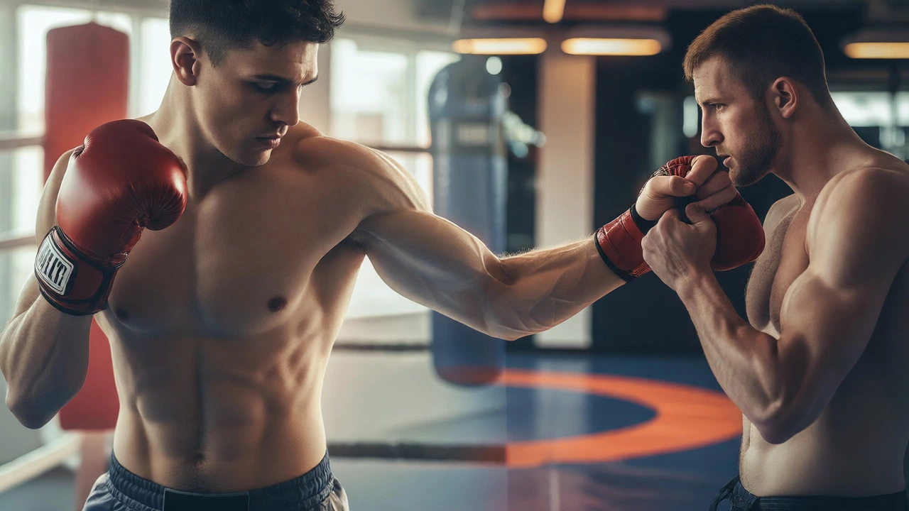 Artistic depiction of hybrid fighter blending boxing and grappling attributes