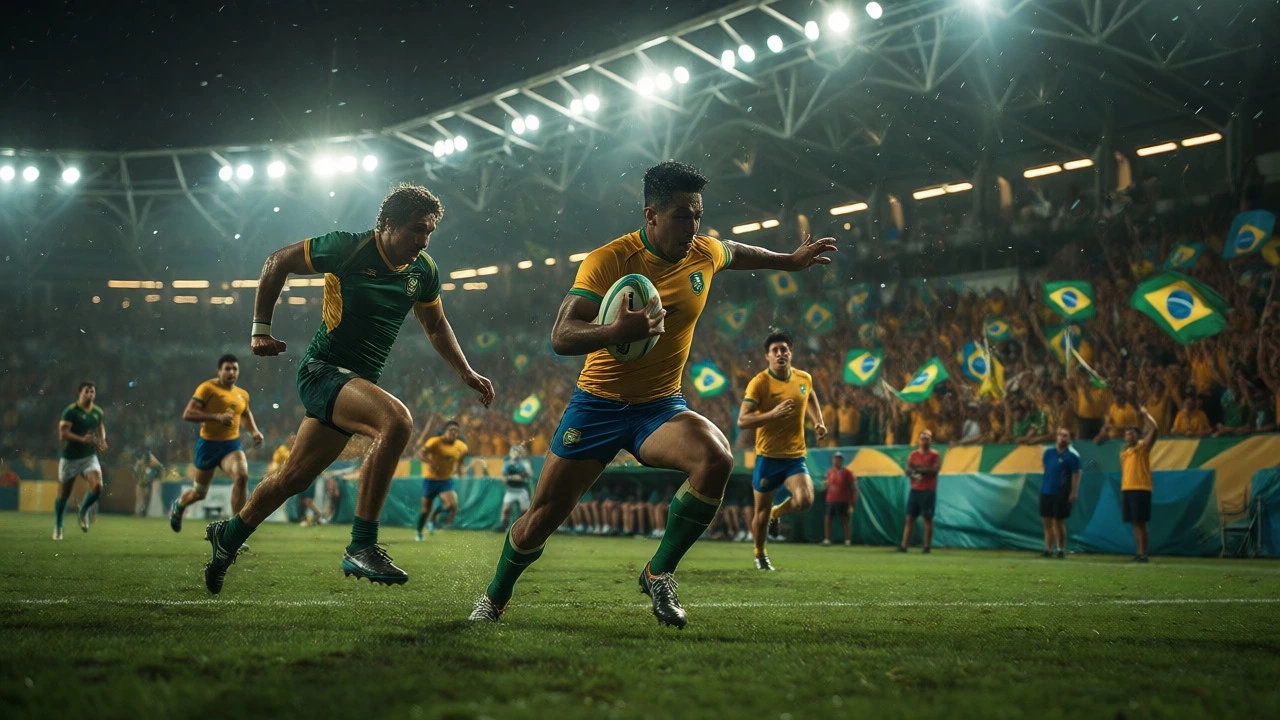 Brazilian rugby player sprinting for a try under stadium lights