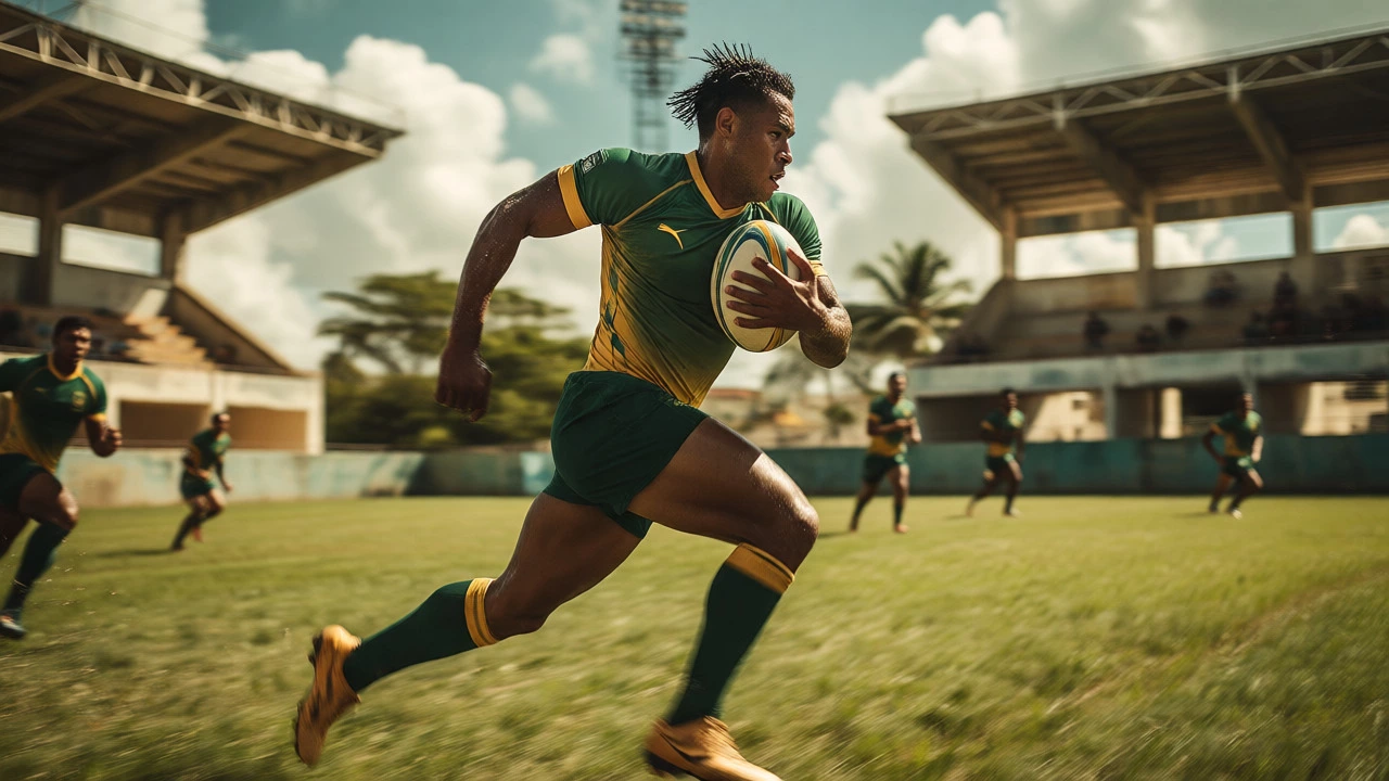 Brazilian rugby sevens player sprinting with the ball
