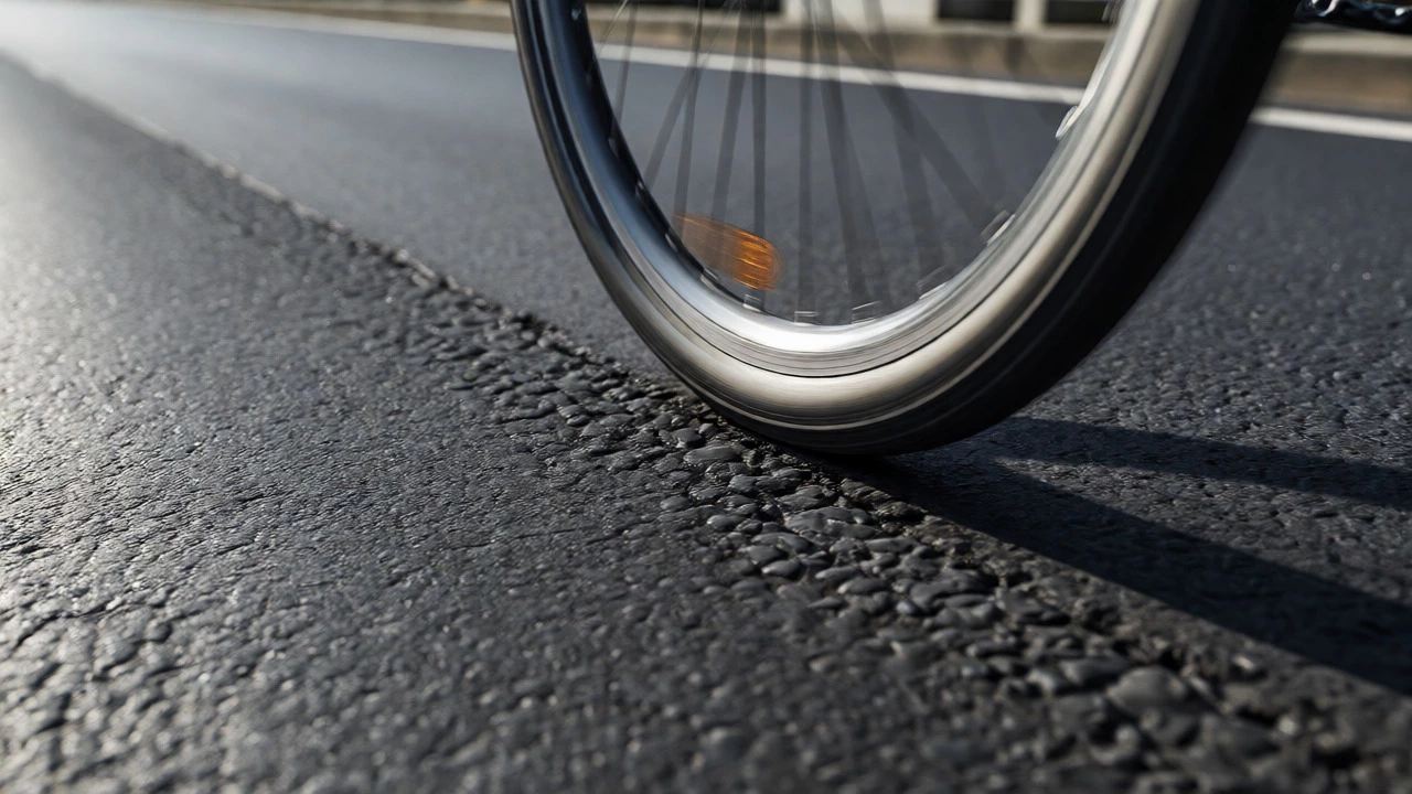 Close-up of a bicycle tire on smooth, crack-free asphalt