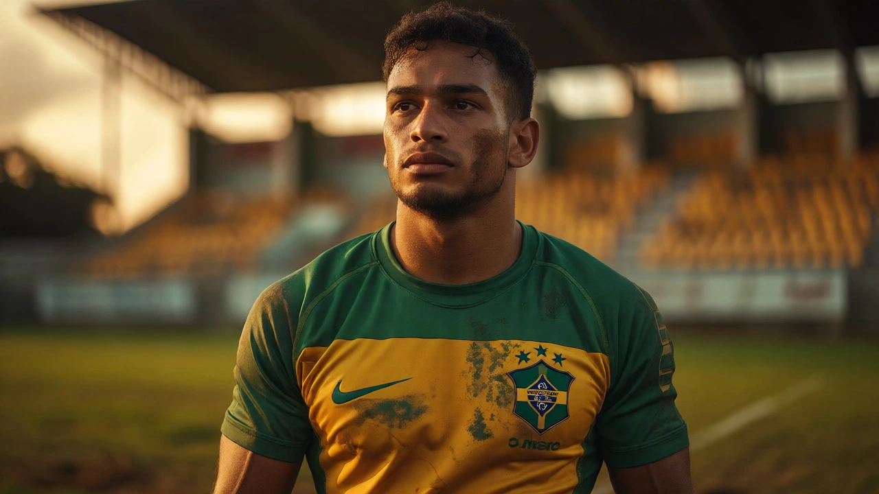 Contemplative Brazilian rugby player on the sidelines
