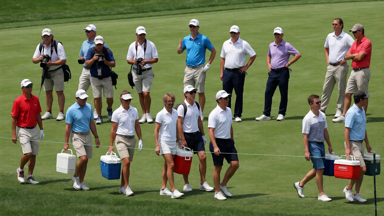Diverse groups of golf spectators walking and watching along a fairway rope line on a sunny day.