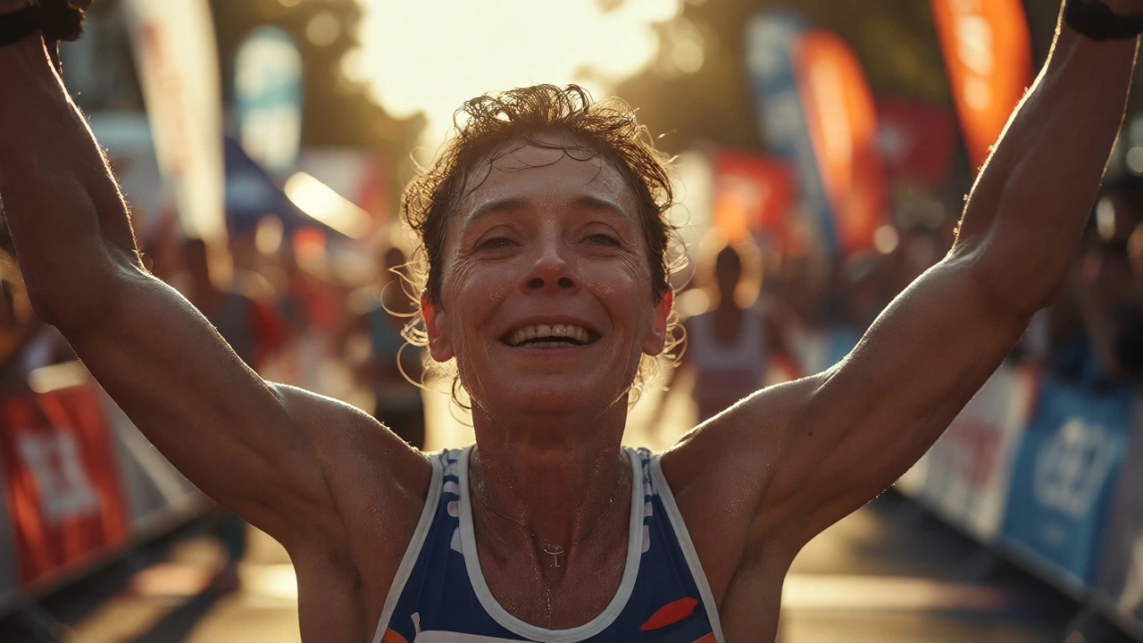 Exhausted but triumphant 35-year-old runner raising arms while crossing the finish line.