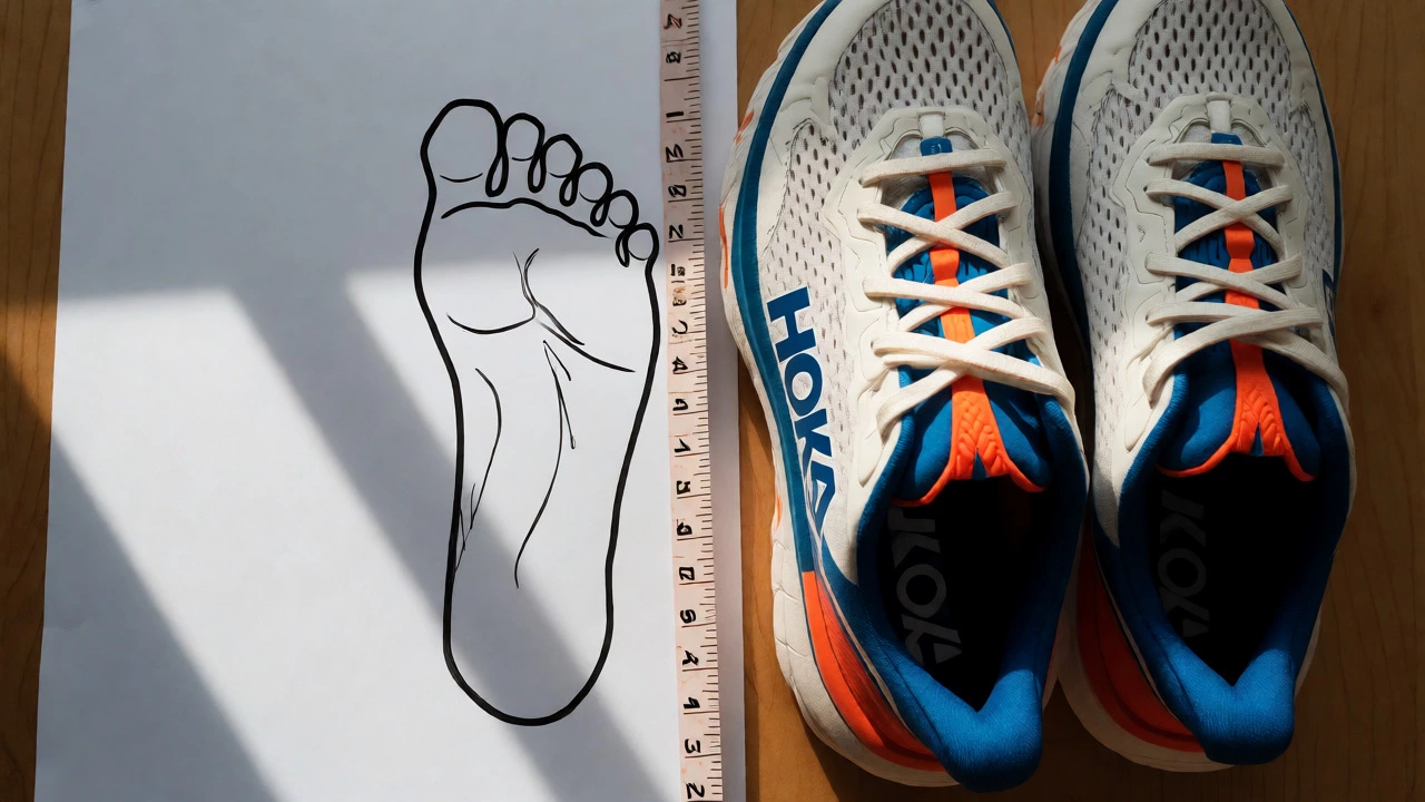 Hoka shoes beside foot tracing and measuring tape for sizing guide