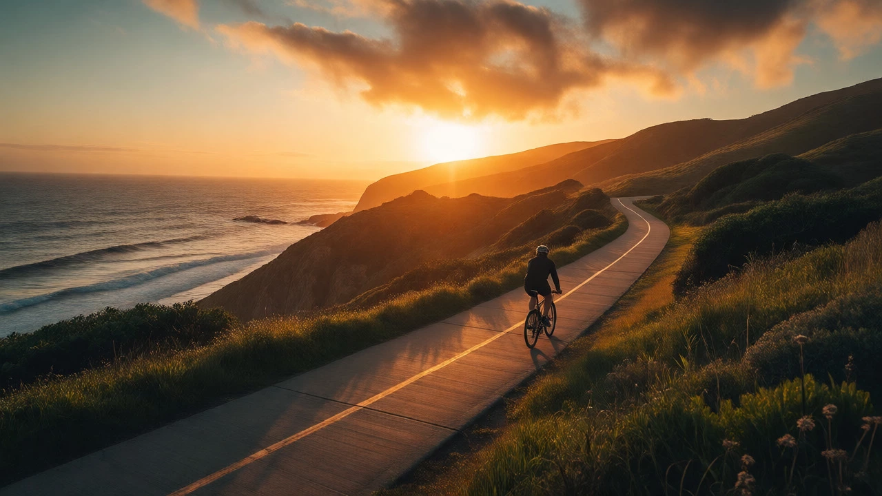 Lone cyclist on a scenic coastal path during golden hour