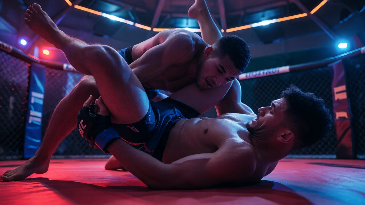 MMA fighters grappling on octagon mat during a submission attempt
