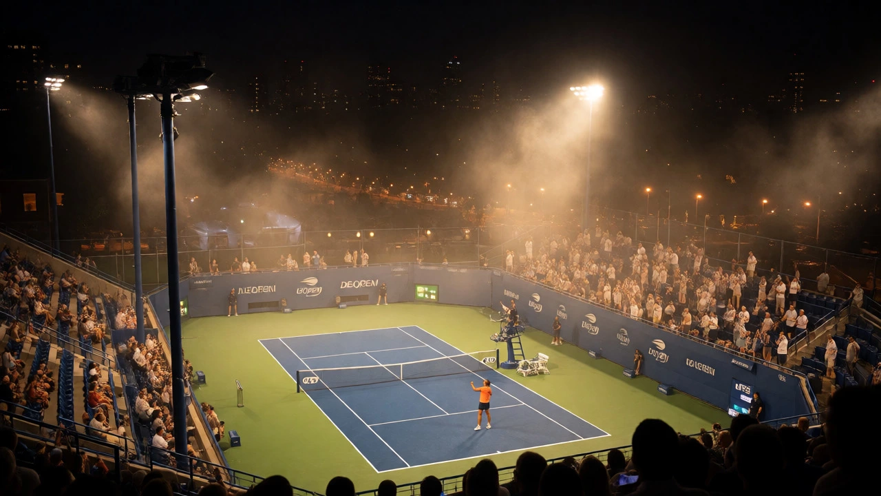 Nighttime celebration at the US Open in New York with stadium lights and city backdrop.