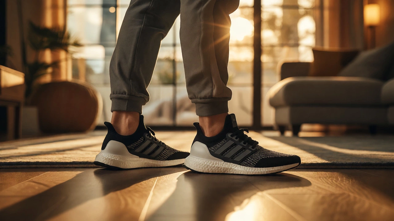 Person wearing stylish Adidas Ultraboost sneakers in a sunlit home