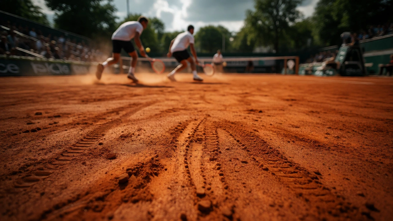 Players rallying on the red clay courts of the French Open with dust kicking up.