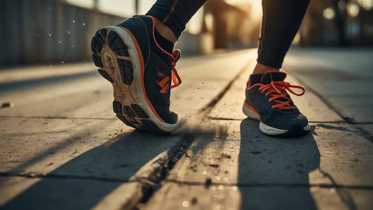 Runner's feet hitting concrete pavement during a run, highlighting impact stress.
