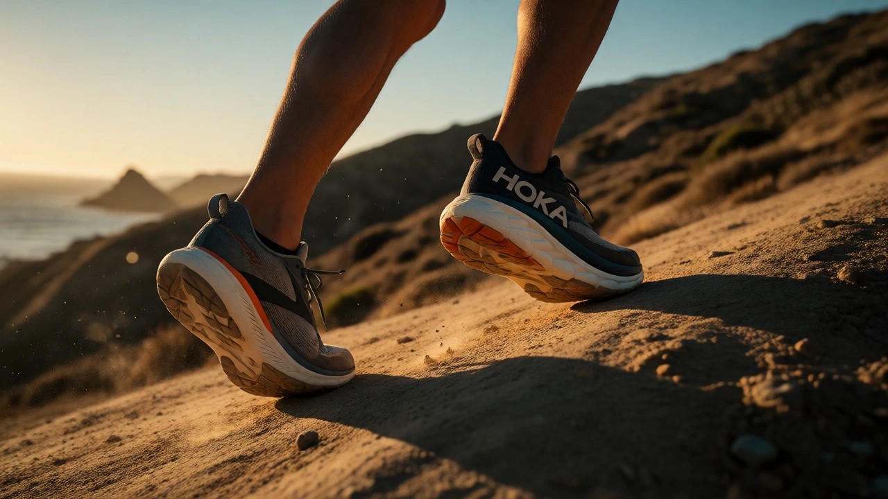 Runner's feet in motion showing Brooks stability and Hoka cushioning on a hill
