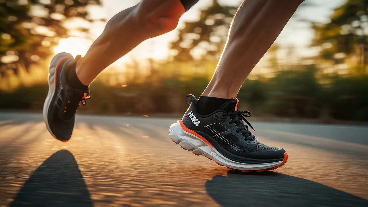 Runner in Hoka Mach shoes mid-stride on a sunlit path
