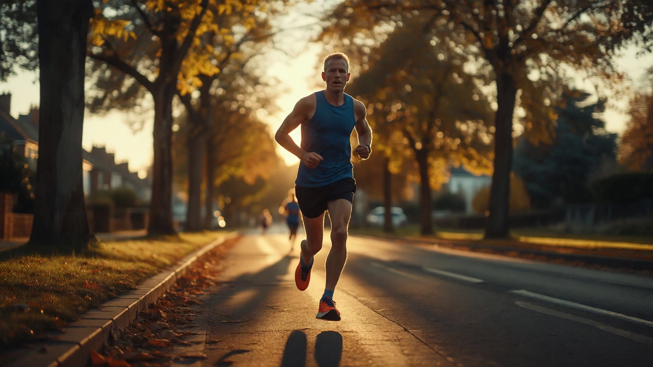 Runner maintaining steady pace on UK road during late stage of marathon