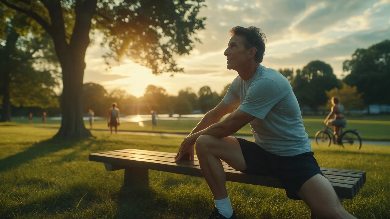 Runner stretching peacefully in a park during sunset for active recovery