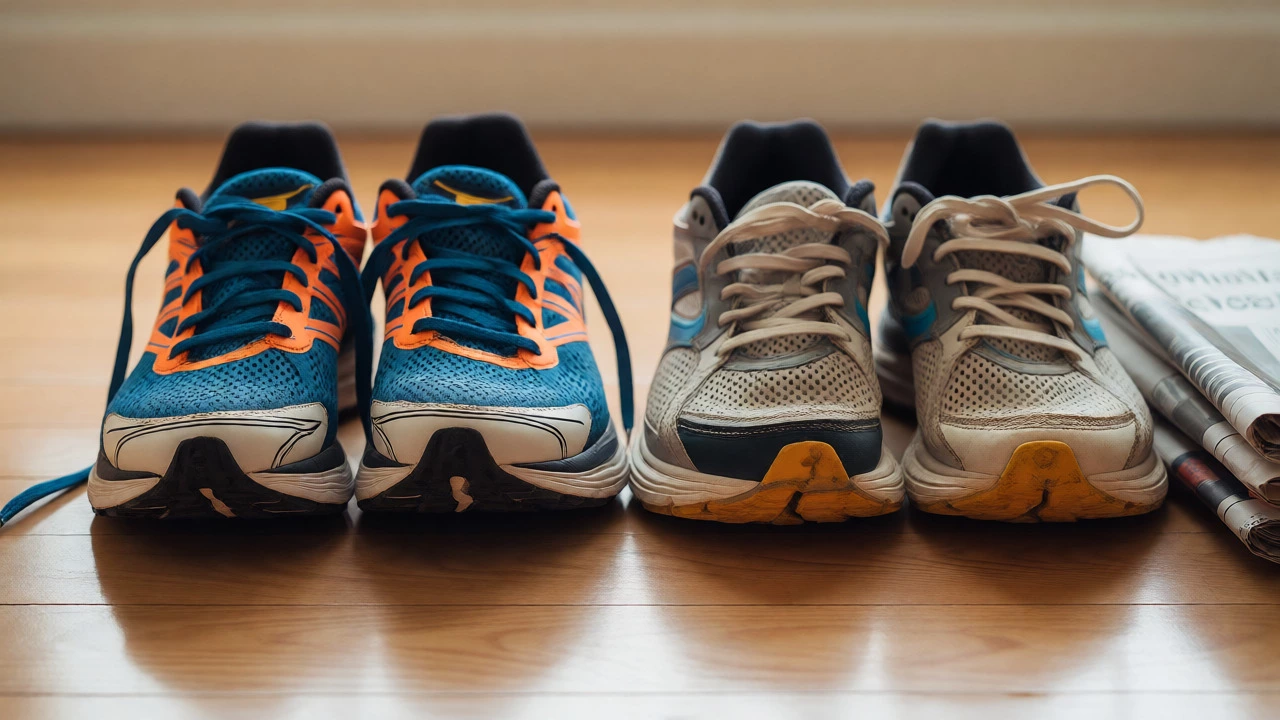 Side-by-side comparison of new and aged running shoes with drying newspapers nearby.