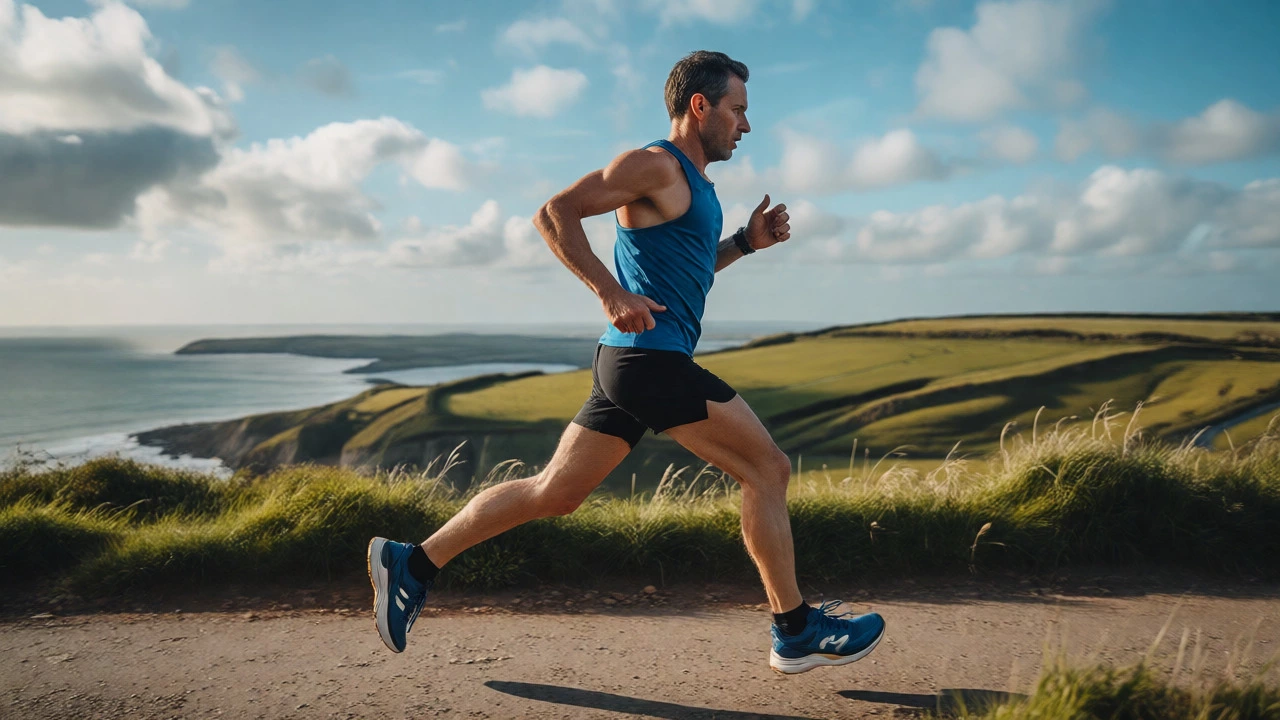 Side profile of a fit 35-year-old marathoner running along a scenic coastal path.