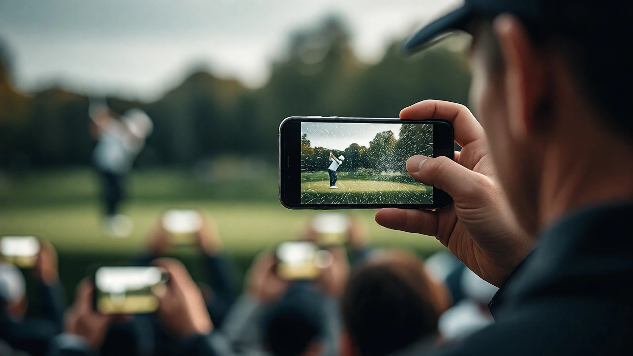 Spectator using a smartphone to track golf stats while watching a player swing in the distance.