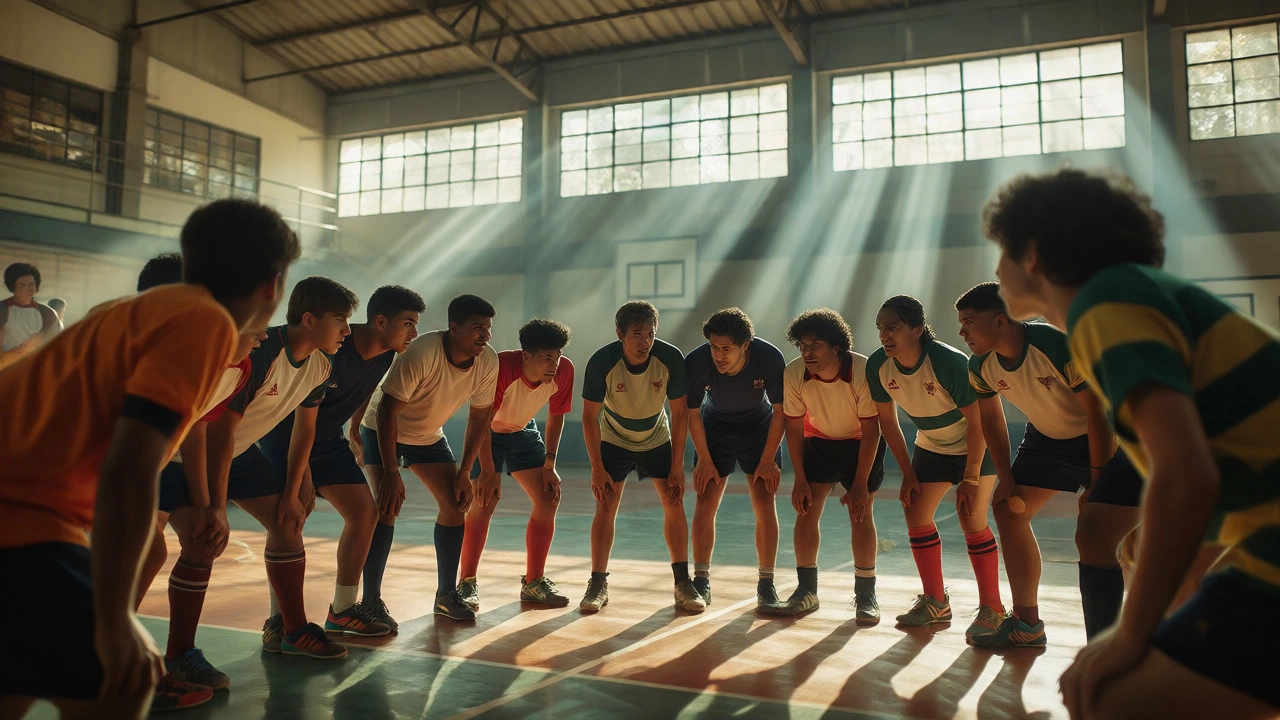 University rugby team huddling together in a sunlit gym